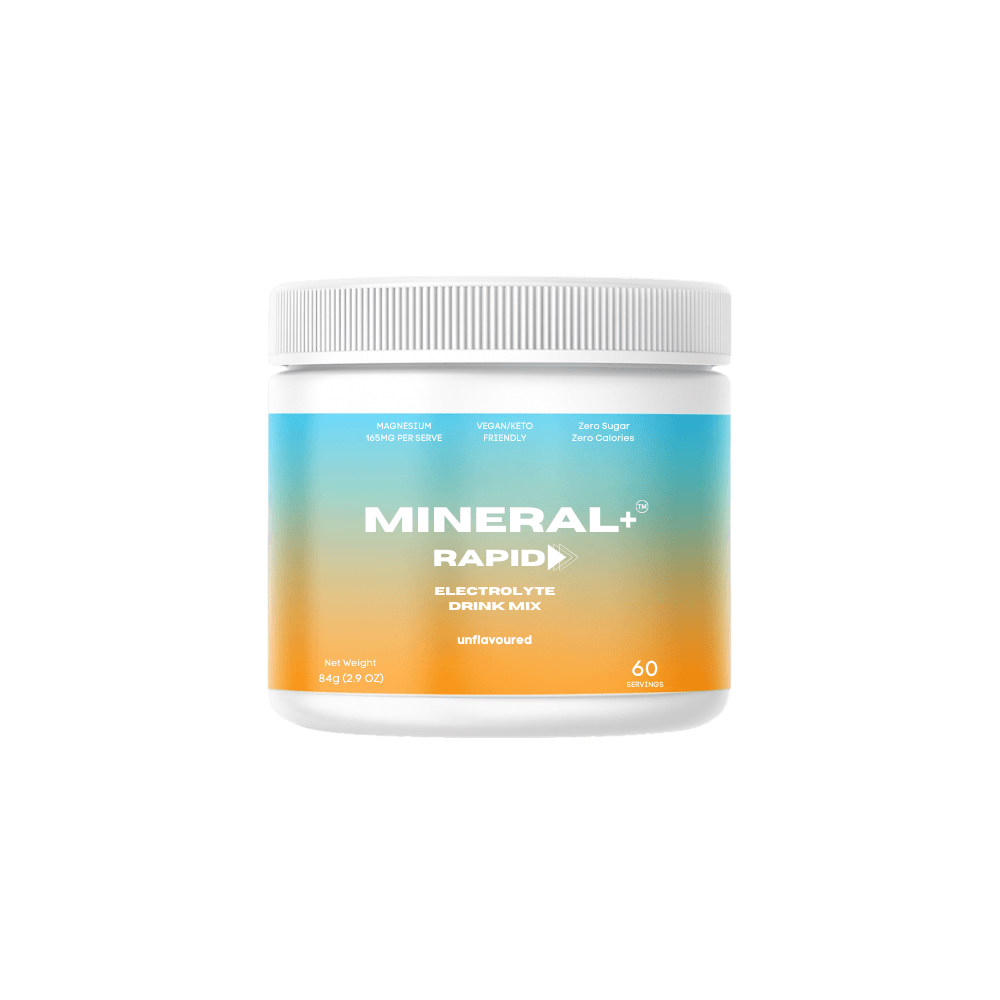 Mineral+ Rapid Electrolyte hydration drink powder mix for fast and rapid hydration with all natural ingredients, zero sugar, zero calories 100% natural and Australian made 