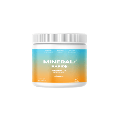 Mineral+ Rapid Electrolyte hydration drink powder mix for fast and rapid hydration with all natural ingredients, zero sugar, zero calories 100% natural and Australian made 