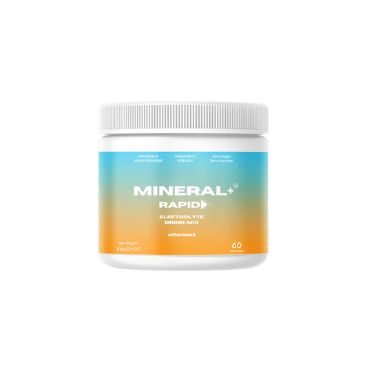 Mineral+ Rapid Electrolyte hydration drink powder mix for fast and rapid hydration with all natural ingredients, zero sugar, zero calories 100% natural and Australian made 