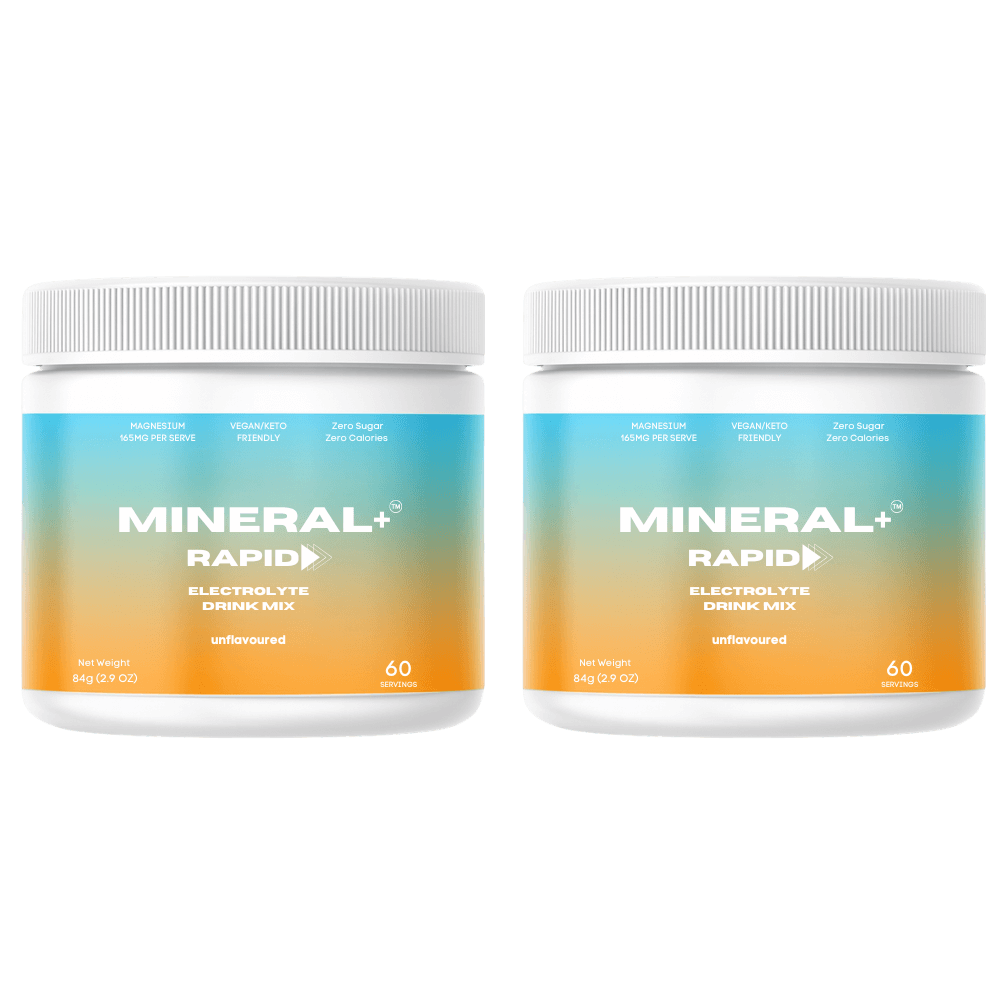 Mineral+ Rapid Electrolyte hydration drink powder mix for fast and rapid hydration with all natural ingredients, zero sugar, zero calories 100% natural and Australian made 